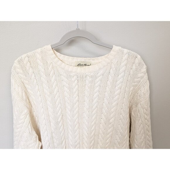 VINTAGE Eddie Bauer Sweater Mens L Ivory Cable Knit Crew Neck Fishermans Knit - Picture 2 of 9